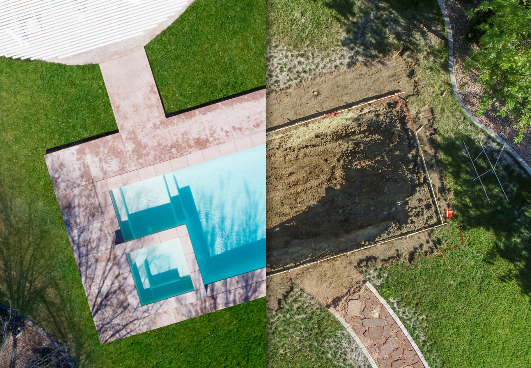 Aerial before and after of a custom swimming pool build